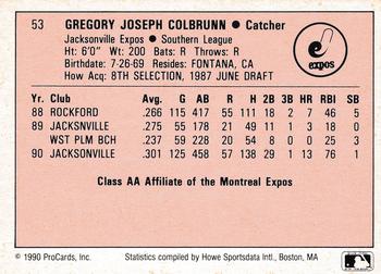 1990 ProCards A and AA #53 Greg Colbrunn Back
