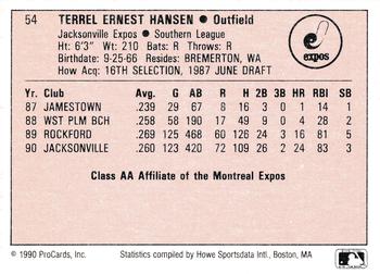 1990 ProCards A and AA #54 Terrel Hansen Back