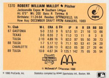 1990 ProCards #1370 Bob Malloy Back