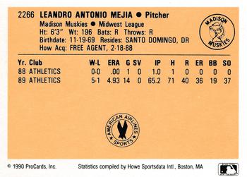 1990 ProCards #2266 Leandro Mejia Back