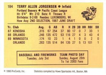 1990 ProCards #184 Terry Jorgensen Back