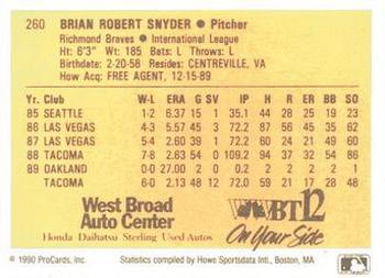 1990 ProCards #260 Brian Snyder Back