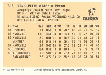 1990 ProCards #345 Dave Walsh Back