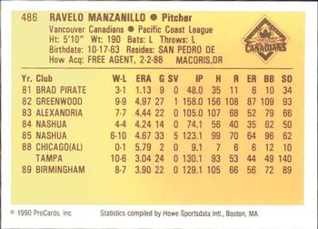1990 ProCards #486 Ravelo Manzanillo Back