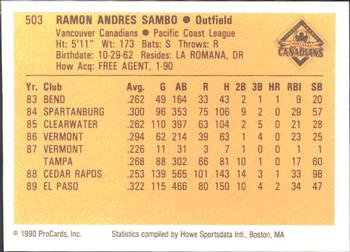 1990 ProCards #503 Ramon Sambo Back