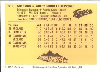 1990 ProCards #512 Sherman Corbett Back