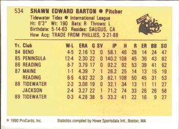 1990 ProCards #534 Shawn Barton Back