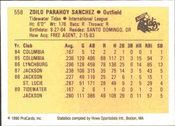 1990 ProCards #558 Zoilo Sanchez Back
