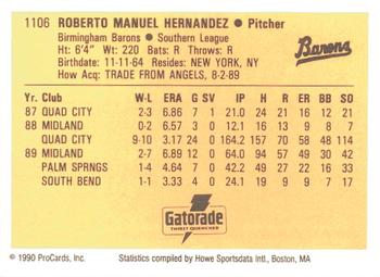 1990 ProCards #1106 Roberto Hernandez Back