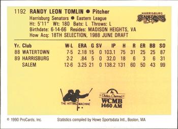 1990 ProCards #1192 Randy Tomlin Back