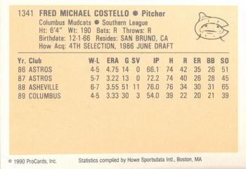 1990 ProCards #1341 Fred Costello Back