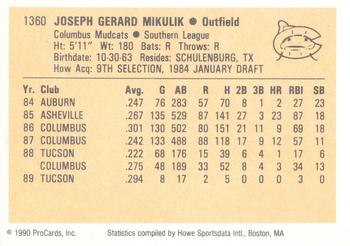 1990 ProCards #1360 Joe Mikulik Back