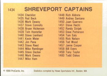 1990 ProCards #1434 Shreveport Captains Checklist Back