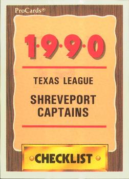 1990 ProCards #1434 Shreveport Captains Checklist Front