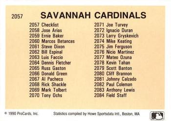 1990 ProCards #2057 Savannah Cardinals Checklist Back