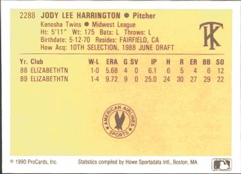 1990 ProCards #2288 Jody Harrington Back