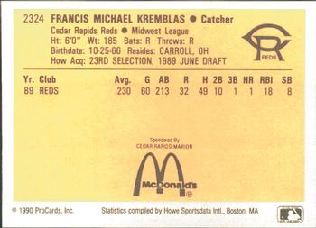 1990 ProCards #2324 Frank Kremblas Back