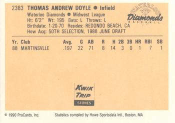 1990 ProCards #2383 Tom Doyle Back