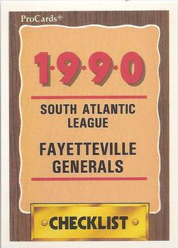 1990 ProCards #2396 Fayetteville Generals Checklist Front