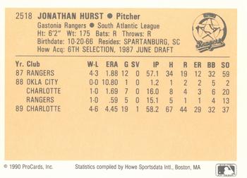 1990 ProCards #2518 Jonathan Hurst Back