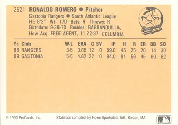 1990 ProCards #2521 Ronaldo Romero Back
