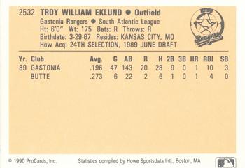 1990 ProCards #2532 Troy Eklund Back