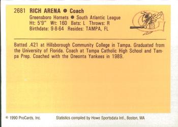 1990 ProCards #2681 Rich Arena Back