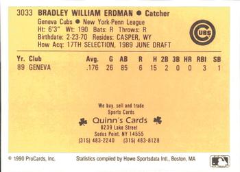 1990 ProCards #3033 Brad Erdman Back