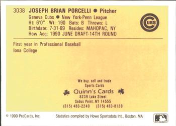 1990 ProCards #3038 Joe Porcelli Back