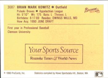 1990 ProCards #3087 Brian Kowitz Back