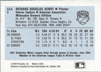1991 ProCards Triple A All-Stars #AAA9 Doug Henry Back