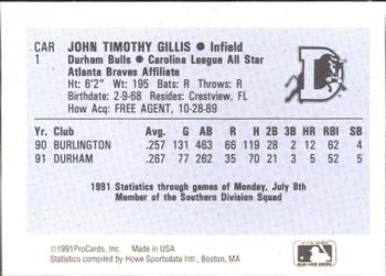 1991 ProCards Carolina League All-Stars #CAR1 Tim Gillis Back