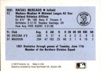 1991 ProCards Midwest League All-Stars #MWL42 Rafael Mercado Back