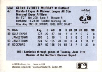 1991 ProCards Midwest League All-Stars #MWL47 Glenn Murray Back