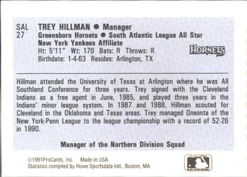 1991 ProCards South Atlantic League All-Stars #SAL27 Trey Hillman Back
