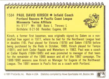 1991 ProCards #1584 Paul Kirsch Back