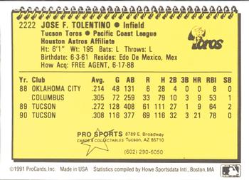 1991 ProCards #2222 Jose Tolentino Back