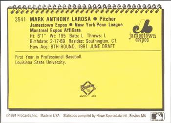 1991 ProCards #3541 Mark LaRosa Back