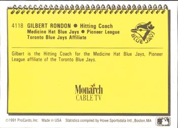 1991 ProCards #4118 Gilbert Rondon Back
