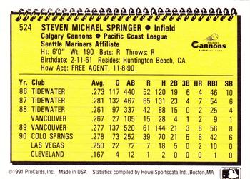 1991 ProCards #524 Steve Springer Back