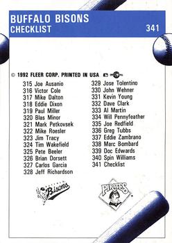 1992 Fleer ProCards #341 Buffalo Bisons Checklist Back
