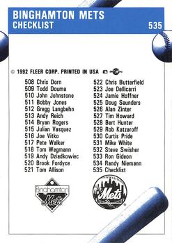1992 Fleer ProCards #535 Binghamton Mets Checklist Back
