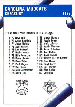 1992 Fleer ProCards #1197 Carolina Mudcats Checklist Back