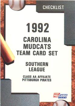 1992 Fleer ProCards #1197 Carolina Mudcats Checklist Front