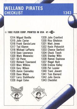 1992 Fleer ProCards #1343 Welland Pirates Checklist Back