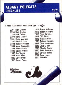 1992 Fleer ProCards #2323 Albany Polecats Checklist Back