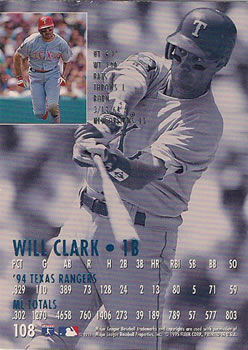 1995 Ultra #108 Will Clark Back