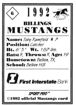 1992 Sport Pro Billings Mustangs #6 Toby Rumfield Back