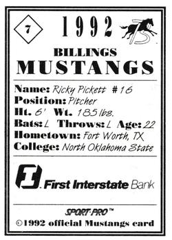 1992 Sport Pro Billings Mustangs #7 Ricky Pickett Back