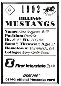 1992 Sport Pro Billings Mustangs #8 Mike Meggers Back